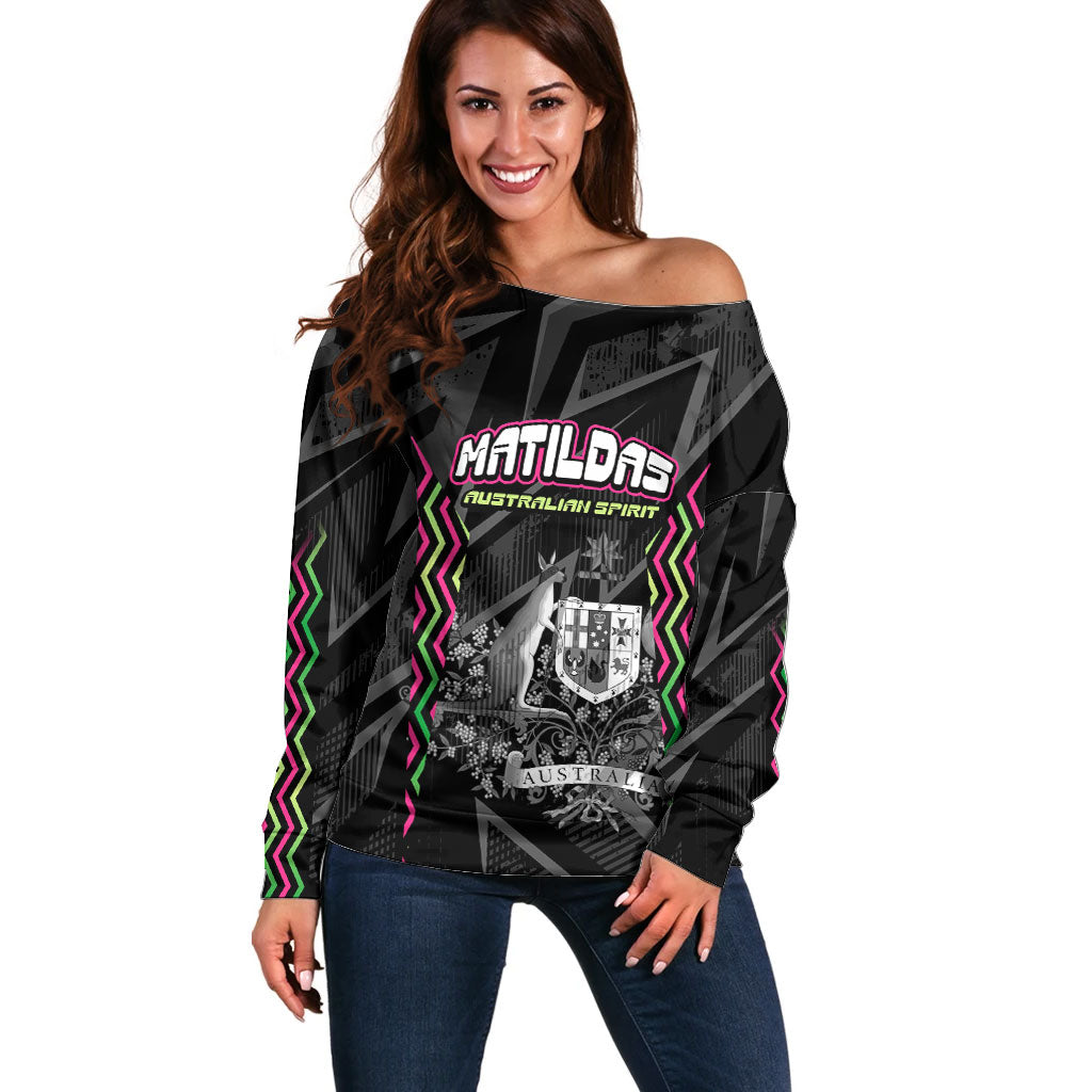 Personalised Matildas Australian Spirit Off Shoulder Sweater Kangaroo Emu Coat Of Arms Soccer Ball