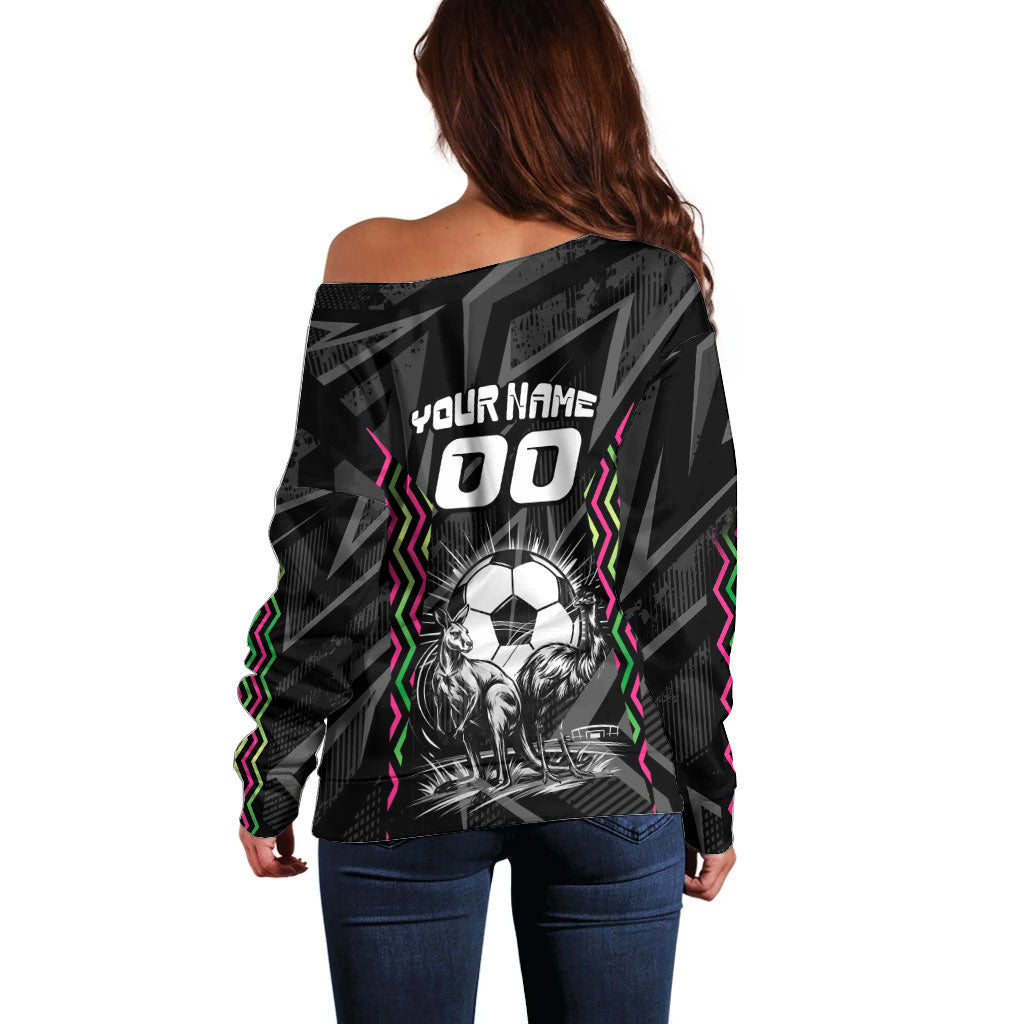 Personalised Matildas Australian Spirit Off Shoulder Sweater Kangaroo Emu Coat Of Arms Soccer Ball