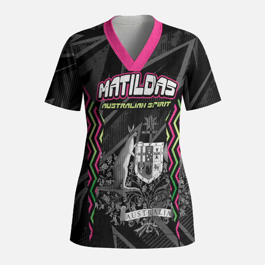 Personalised Matildas Australian Spirit Scrub Top Kangaroo Emu Coat Of Arms Soccer Ball