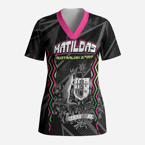 Personalised Matildas Australian Spirit Scrub Top Kangaroo Emu Coat Of Arms Soccer Ball