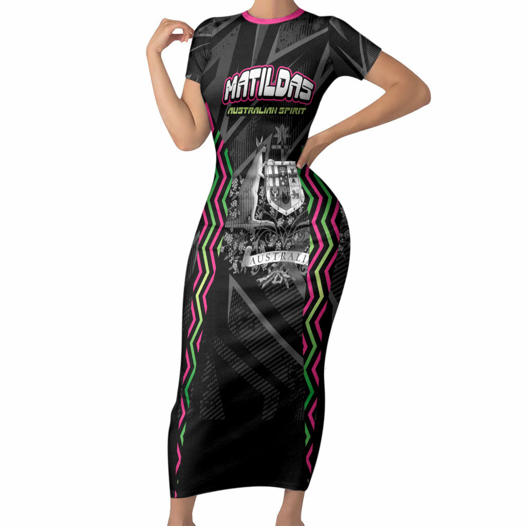 Personalised Matildas Australian Spirit Short Sleeve Bodycon Dress Kangaroo Emu Coat Of Arms Soccer Ball