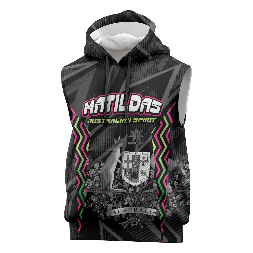 Personalised Matildas Australian Spirit Sleeveless Hoodie Kangaroo Emu Coat Of Arms Soccer Ball