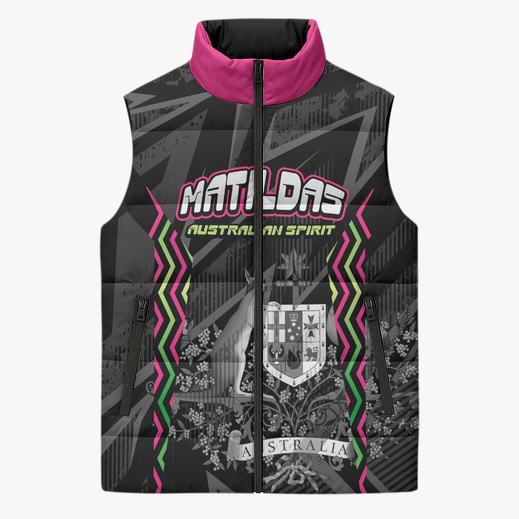 Personalised Matildas Australian Spirit Sleeveless Puffer Jacket Kangaroo Emu Coat Of Arms Soccer Ball
