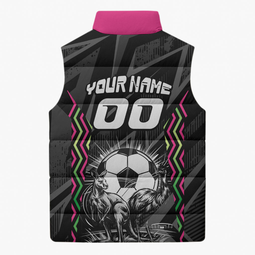 Personalised Matildas Australian Spirit Sleeveless Puffer Jacket Kangaroo Emu Coat Of Arms Soccer Ball