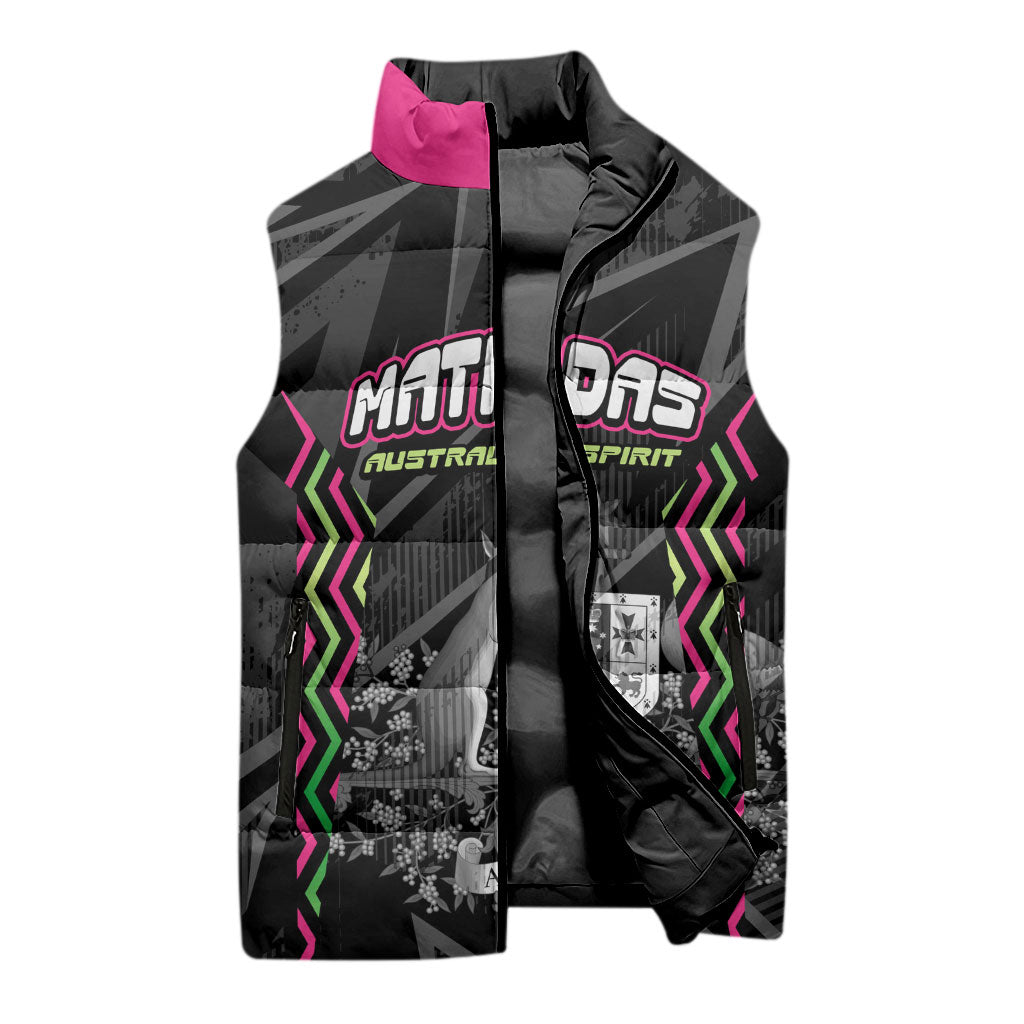 Personalised Matildas Australian Spirit Sleeveless Puffer Jacket Kangaroo Emu Coat Of Arms Soccer Ball