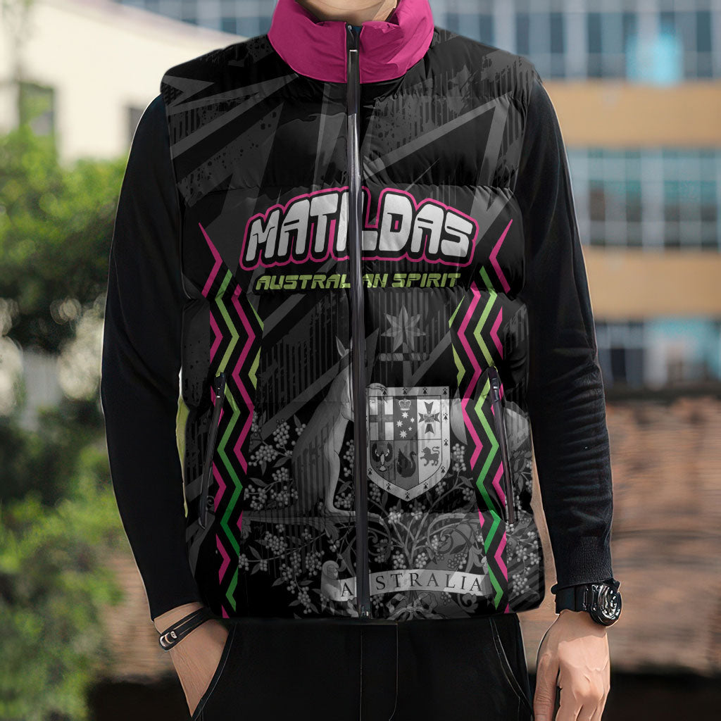 Personalised Matildas Australian Spirit Sleeveless Puffer Jacket Kangaroo Emu Coat Of Arms Soccer Ball