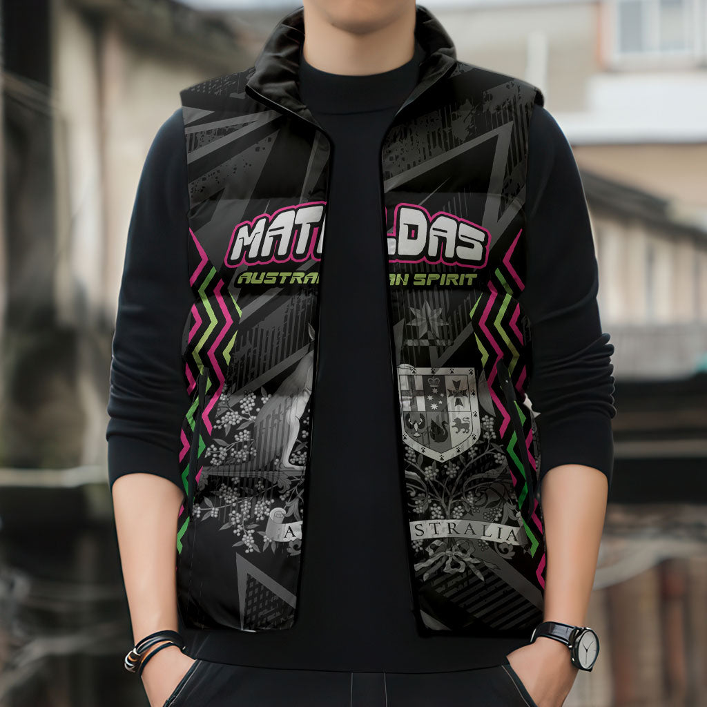 Personalised Matildas Australian Spirit Sleeveless Puffer Jacket Kangaroo Emu Coat Of Arms Soccer Ball