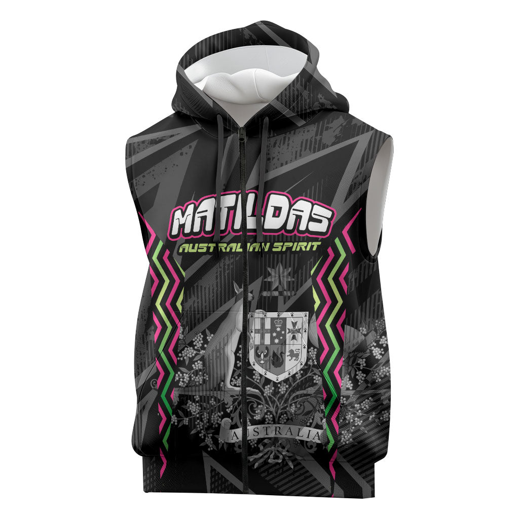 Personalised Matildas Australian Spirit Sleeveless Zip Hoodie Kangaroo Emu Coat Of Arms Soccer Ball
