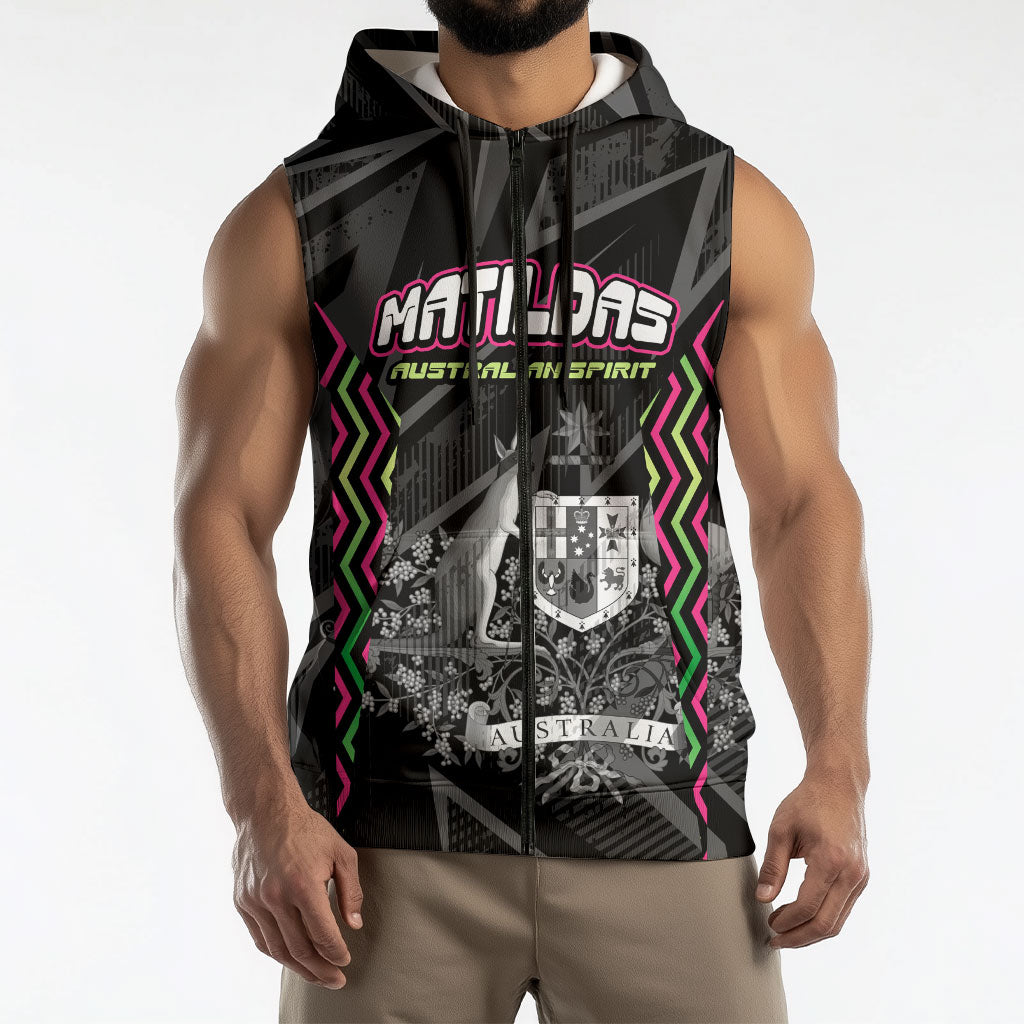 Personalised Matildas Australian Spirit Sleeveless Zip Hoodie Kangaroo Emu Coat Of Arms Soccer Ball