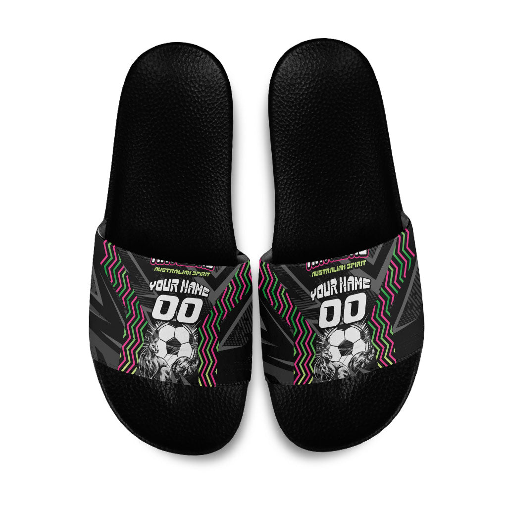 Personalised Matildas Australian Spirit Slide Sandals Kangaroo Emu Coat Of Arms Soccer Ball