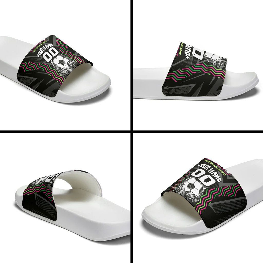 Personalised Matildas Australian Spirit Slide Sandals Kangaroo Emu Coat Of Arms Soccer Ball