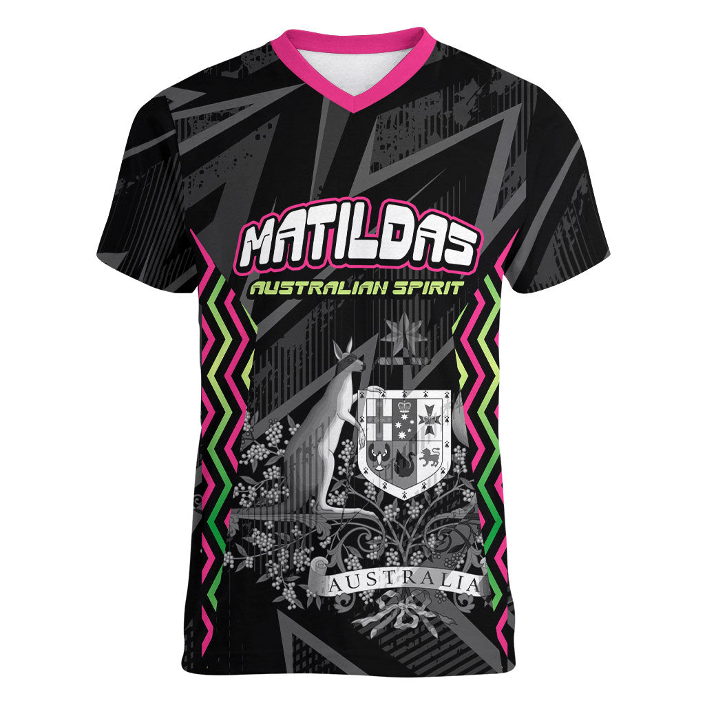 Personalised Matildas Australian Spirit Women V-Neck T-Shirt Kangaroo Emu Coat Of Arms Soccer Ball
