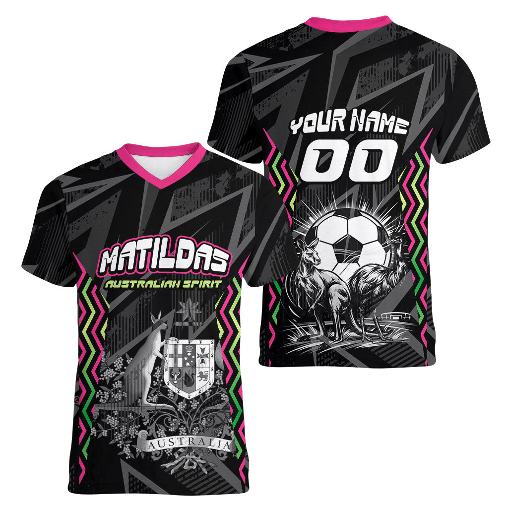 Personalised Matildas Australian Spirit Women V-Neck T-Shirt Kangaroo Emu Coat Of Arms Soccer Ball