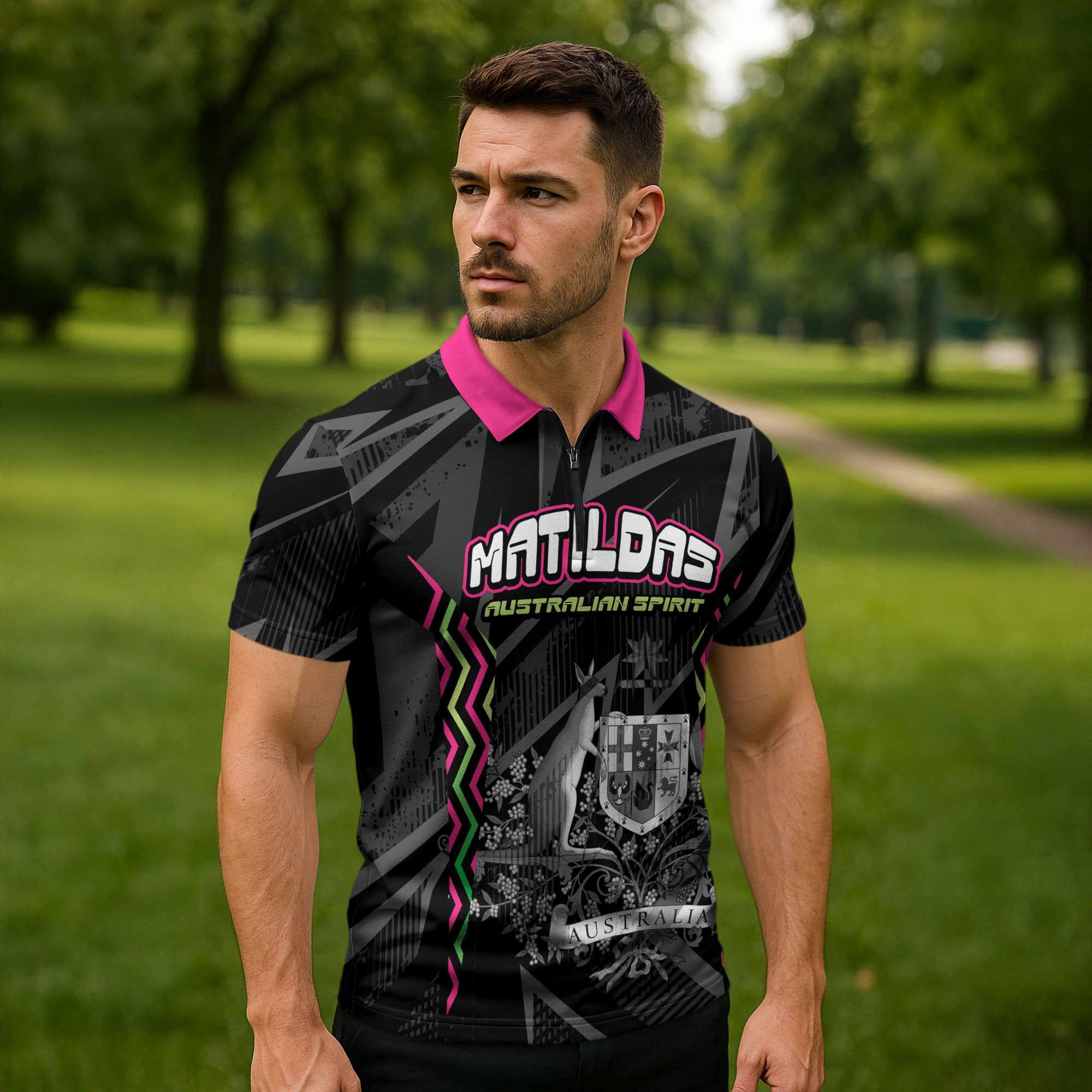 Personalised Matildas Australian Spirit Zipper Polo Shirt Kangaroo Emu Coat Of Arms Soccer Ball