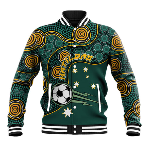 Matildas Game On Baseball Jacket Indigenous Dot Art Soccer Ball With Southern Cross Stars