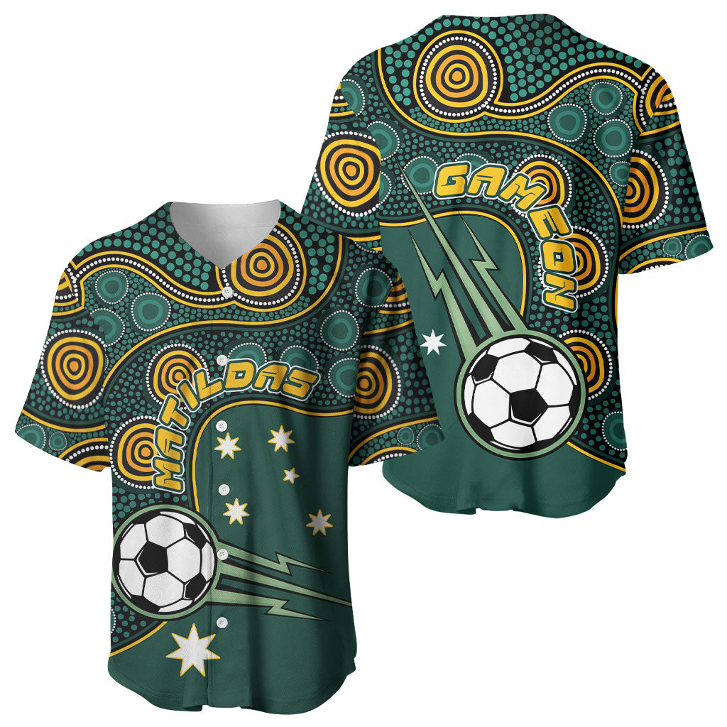 Matildas Game On Baseball Jersey Indigenous Dot Art Soccer Ball With Southern Cross Stars