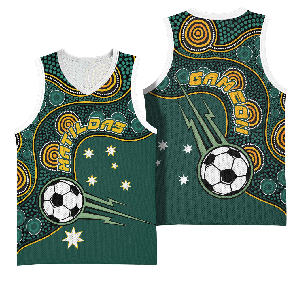 Matildas Game On Basketball Jersey Indigenous Dot Art Soccer Ball With Southern Cross Stars