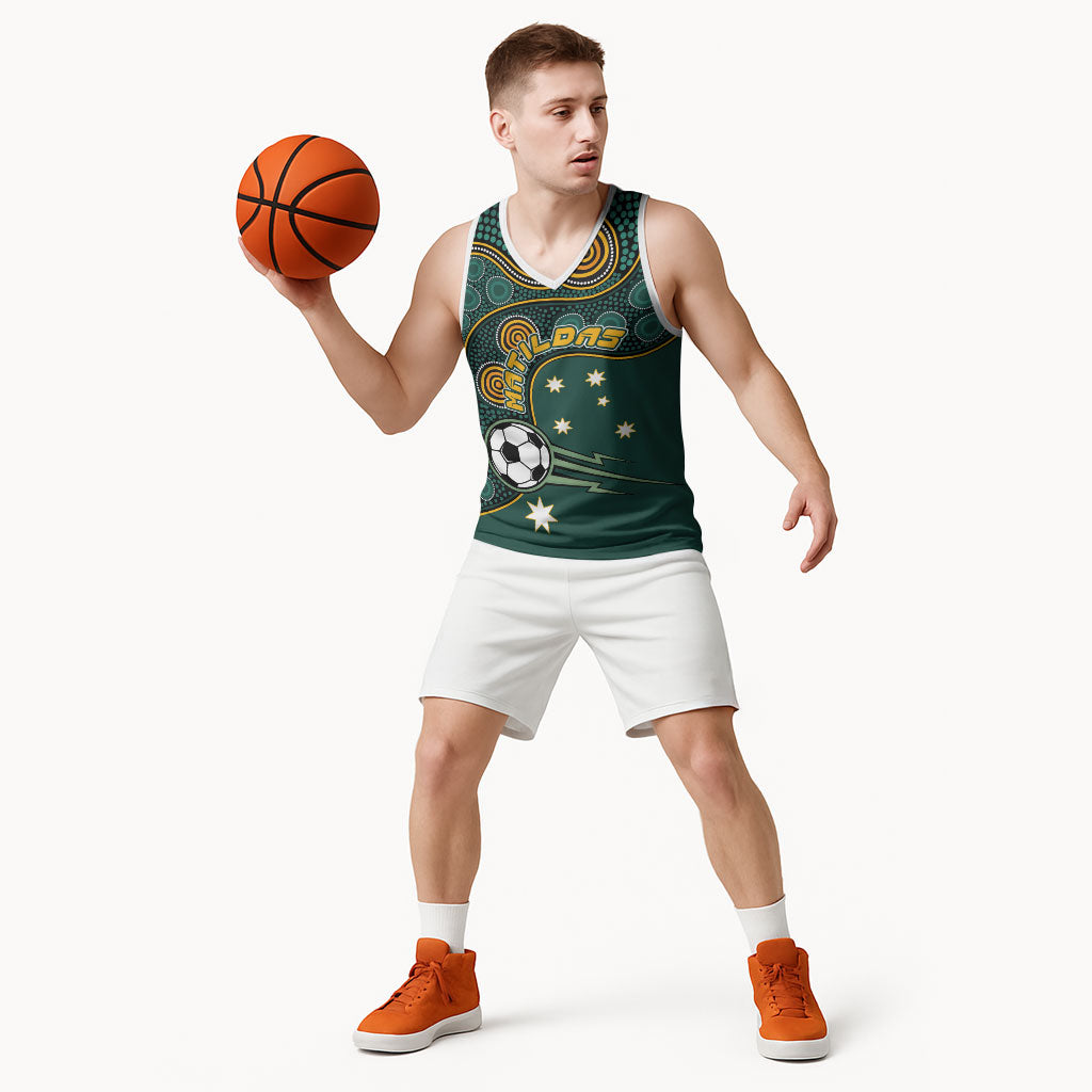 Matildas Game On Basketball Jersey Indigenous Dot Art Soccer Ball With Southern Cross Stars