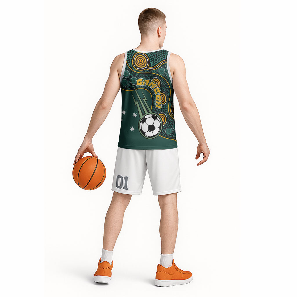 Matildas Game On Basketball Jersey Indigenous Dot Art Soccer Ball With Southern Cross Stars