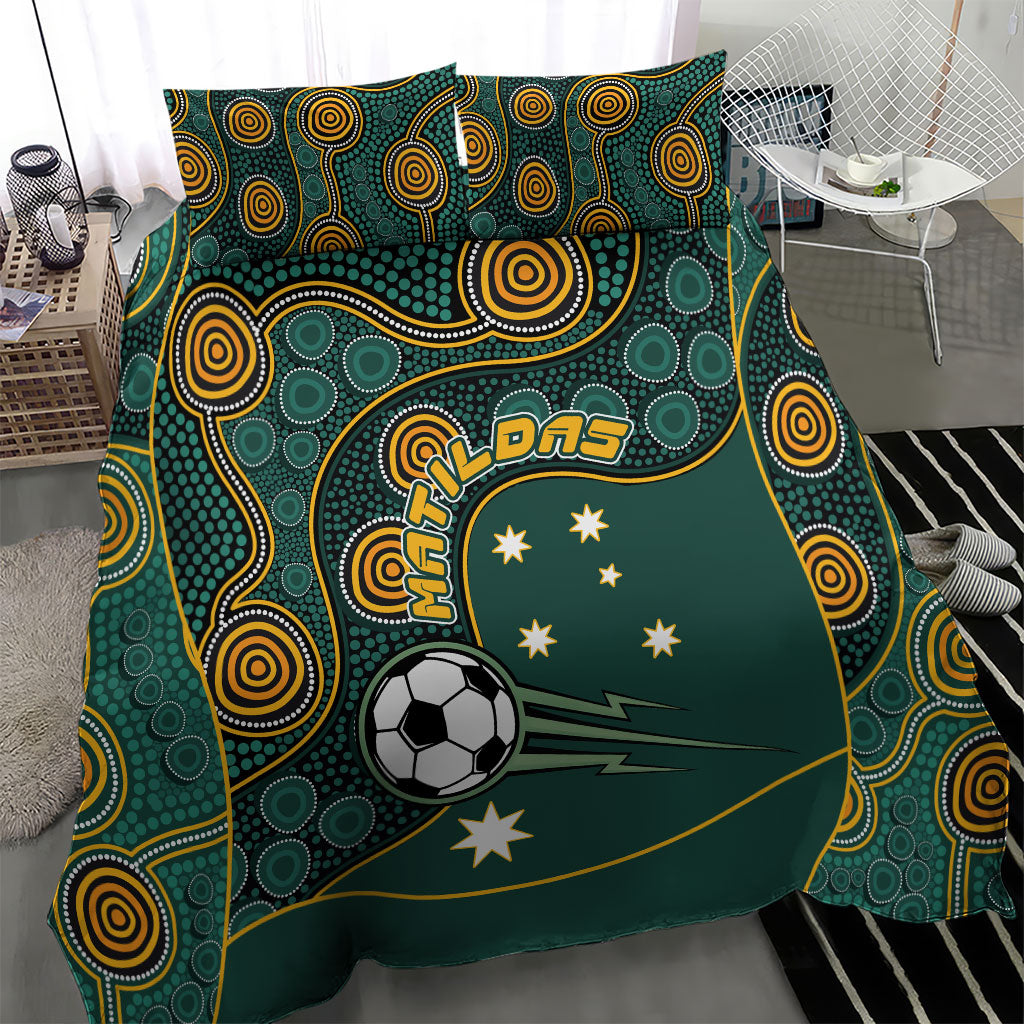 Matildas Game On Bedding Set Indigenous Dot Art Soccer Ball With Southern Cross Stars
