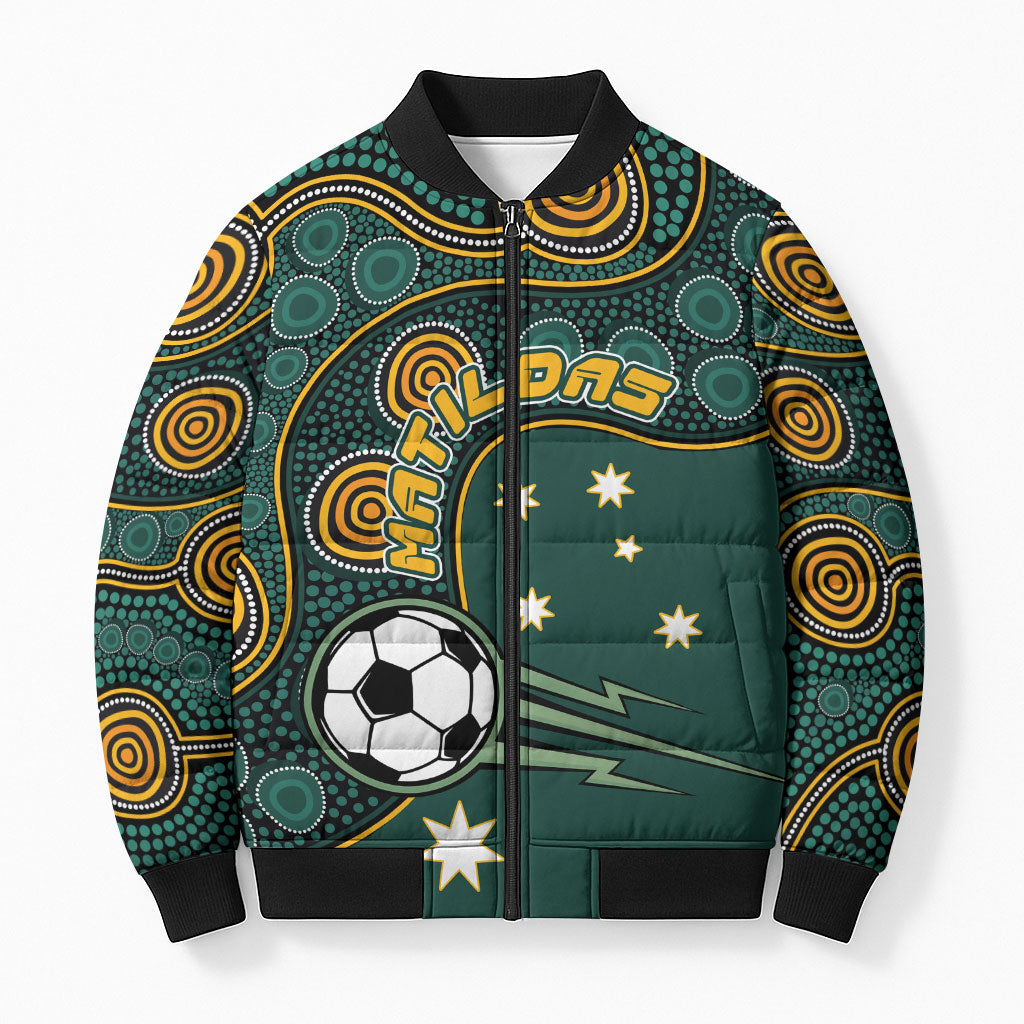 Matildas Game On Bomber Puffer Jacket Indigenous Dot Art Soccer Ball With Southern Cross Stars