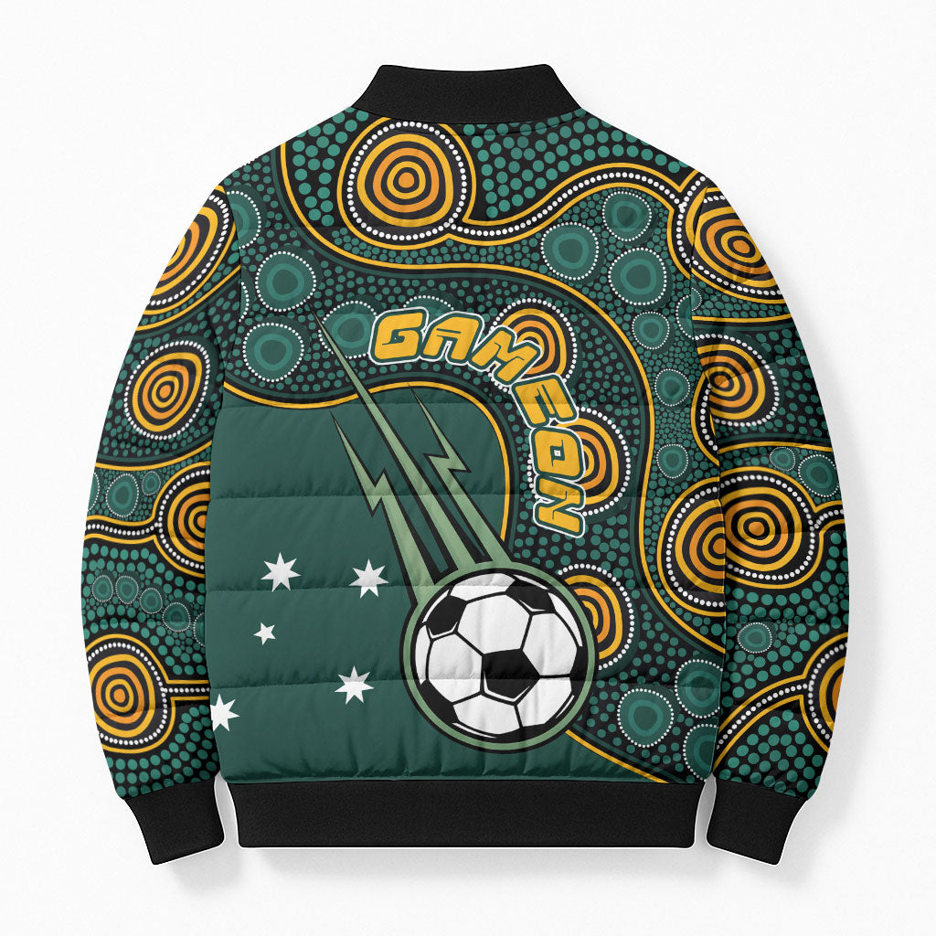 Matildas Game On Bomber Puffer Jacket Indigenous Dot Art Soccer Ball With Southern Cross Stars