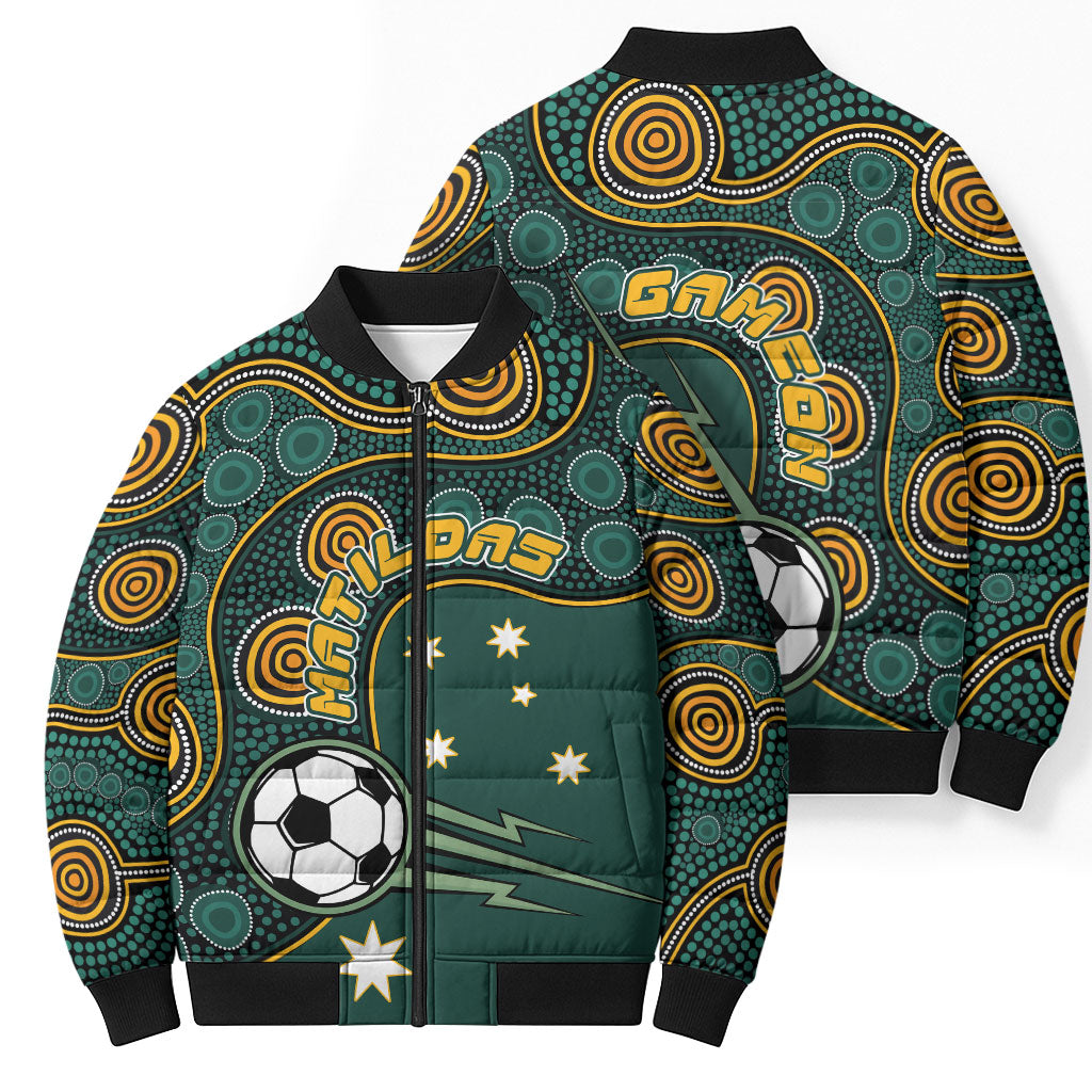Matildas Game On Bomber Puffer Jacket Indigenous Dot Art Soccer Ball With Southern Cross Stars