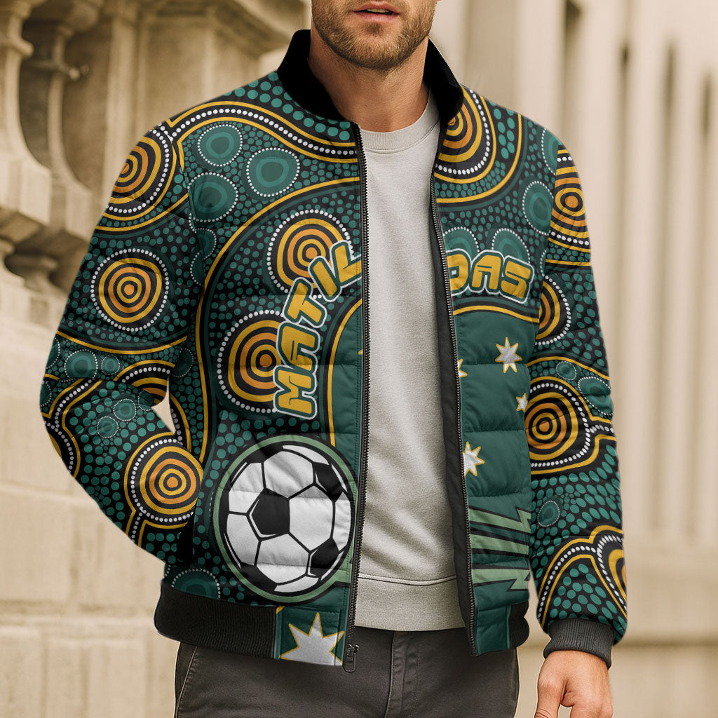 Matildas Game On Bomber Puffer Jacket Indigenous Dot Art Soccer Ball With Southern Cross Stars