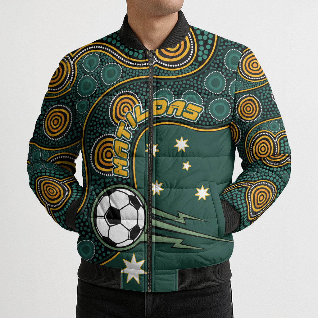 Matildas Game On Bomber Puffer Jacket Indigenous Dot Art Soccer Ball With Southern Cross Stars
