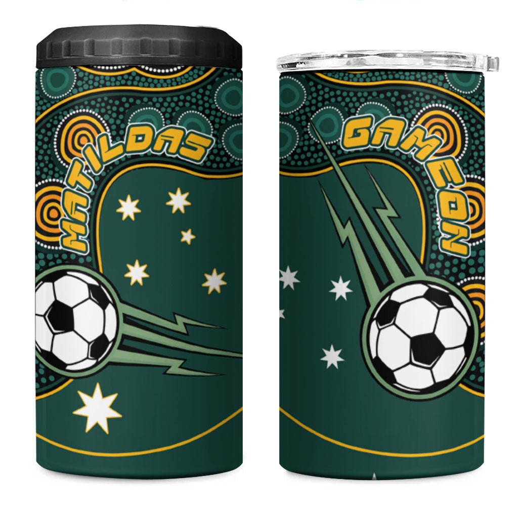 Matildas Game On 4 in 1 Can Cooler Tumbler Indigenous Dot Art Soccer Ball With Southern Cross Stars