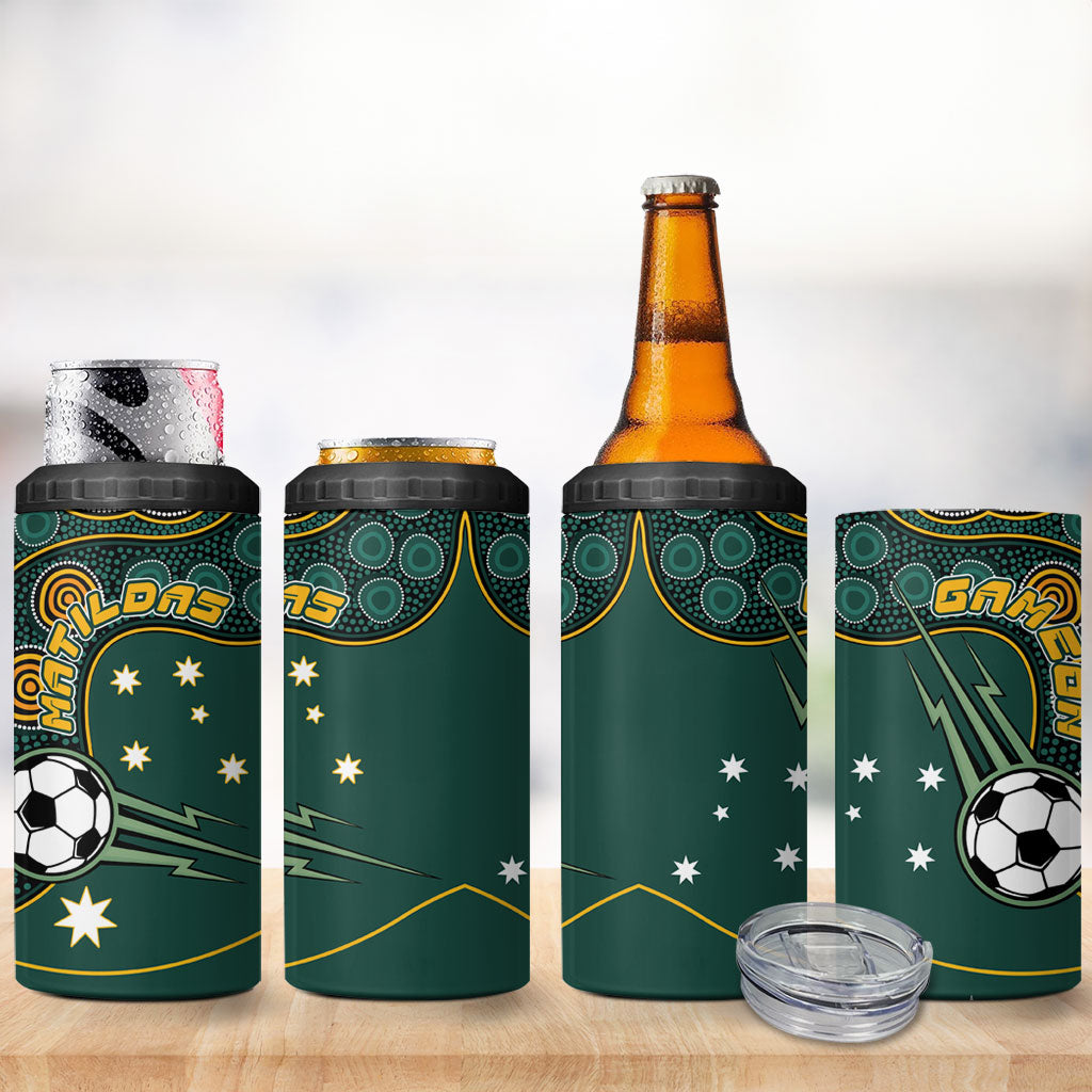 Matildas Game On 4 in 1 Can Cooler Tumbler Indigenous Dot Art Soccer Ball With Southern Cross Stars