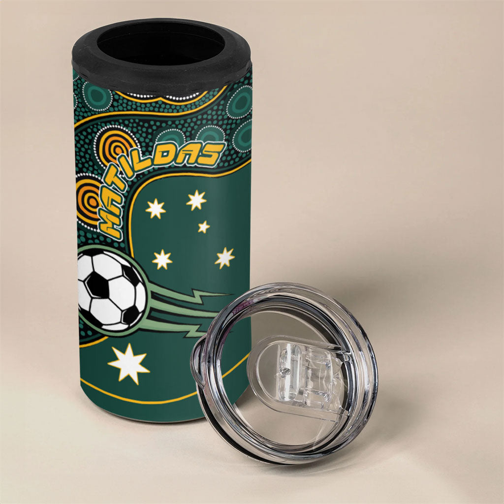 Matildas Game On 4 in 1 Can Cooler Tumbler Indigenous Dot Art Soccer Ball With Southern Cross Stars