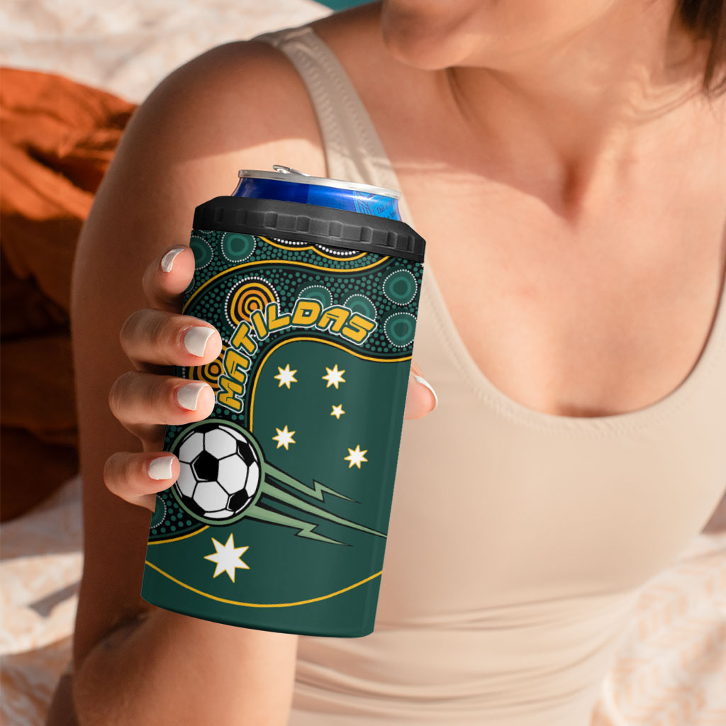Matildas Game On 4 in 1 Can Cooler Tumbler Indigenous Dot Art Soccer Ball With Southern Cross Stars