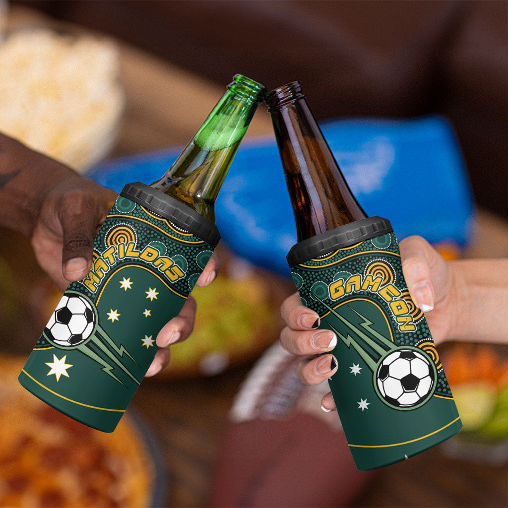Matildas Game On 4 in 1 Can Cooler Tumbler Indigenous Dot Art Soccer Ball With Southern Cross Stars