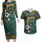 Matildas Game On Couples Matching Long Sleeve Bodycon Dress and Hawaiian Shirt Indigenous Dot Art Soccer Ball With Southern Cross Stars