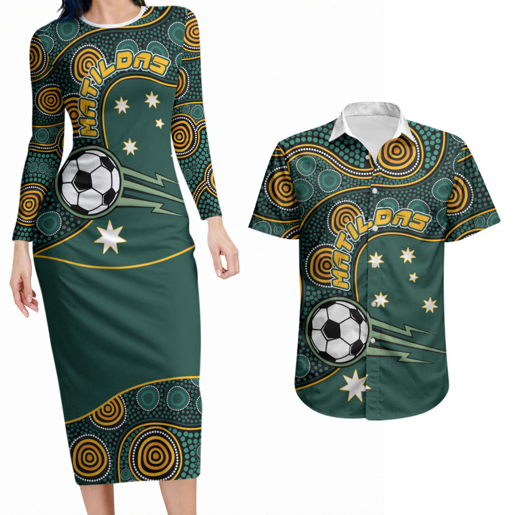 Matildas Game On Couples Matching Long Sleeve Bodycon Dress and Hawaiian Shirt Indigenous Dot Art Soccer Ball With Southern Cross Stars