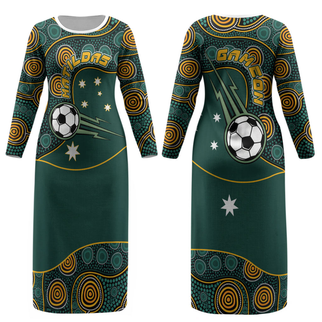 Matildas Game On Couples Matching Long Sleeve Bodycon Dress and Hawaiian Shirt Indigenous Dot Art Soccer Ball With Southern Cross Stars