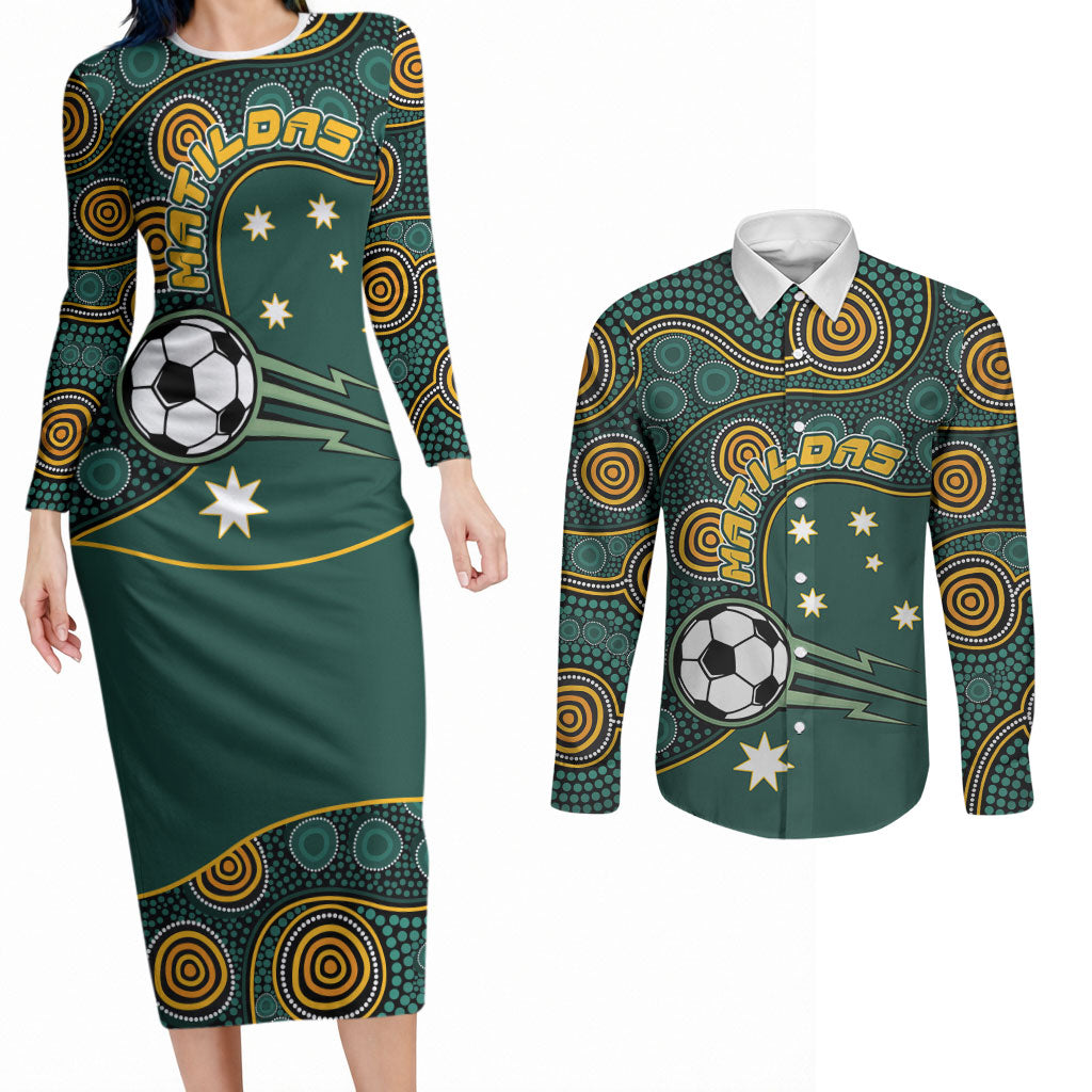 Matildas Game On Couples Matching Long Sleeve Bodycon Dress and Long Sleeve Button Shirt Indigenous Dot Art Soccer Ball With Southern Cross Stars