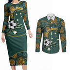 Matildas Game On Couples Matching Long Sleeve Bodycon Dress and Long Sleeve Button Shirt Indigenous Dot Art Soccer Ball With Southern Cross Stars