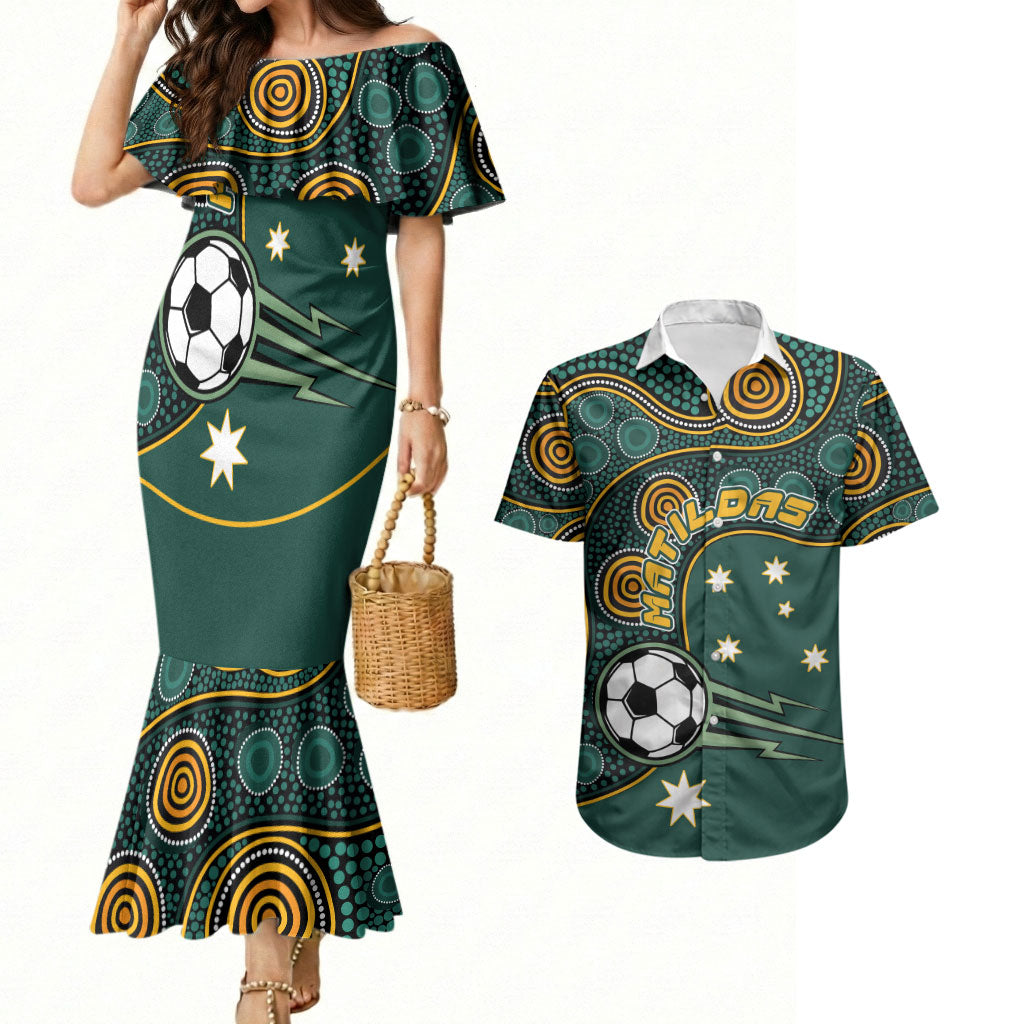 Matildas Game On Couples Matching Mermaid Dress and Hawaiian Shirt Indigenous Dot Art Soccer Ball With Southern Cross Stars