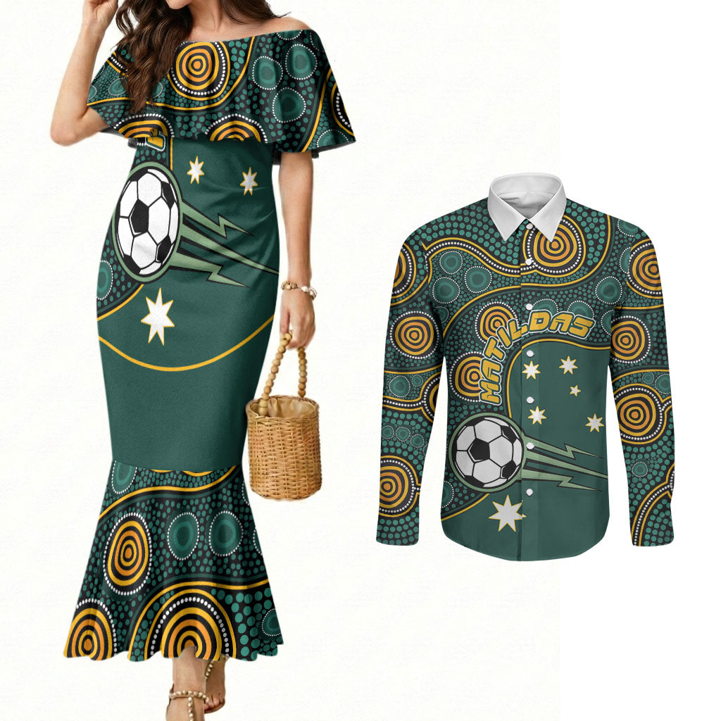 Matildas Game On Couples Matching Mermaid Dress and Long Sleeve Button Shirt Indigenous Dot Art Soccer Ball With Southern Cross Stars