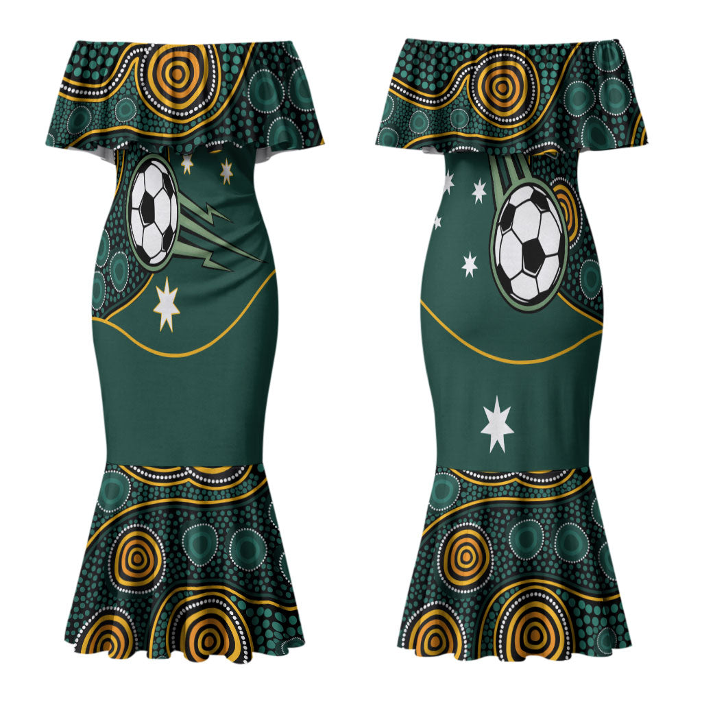 Matildas Game On Couples Matching Mermaid Dress and Long Sleeve Button Shirt Indigenous Dot Art Soccer Ball With Southern Cross Stars