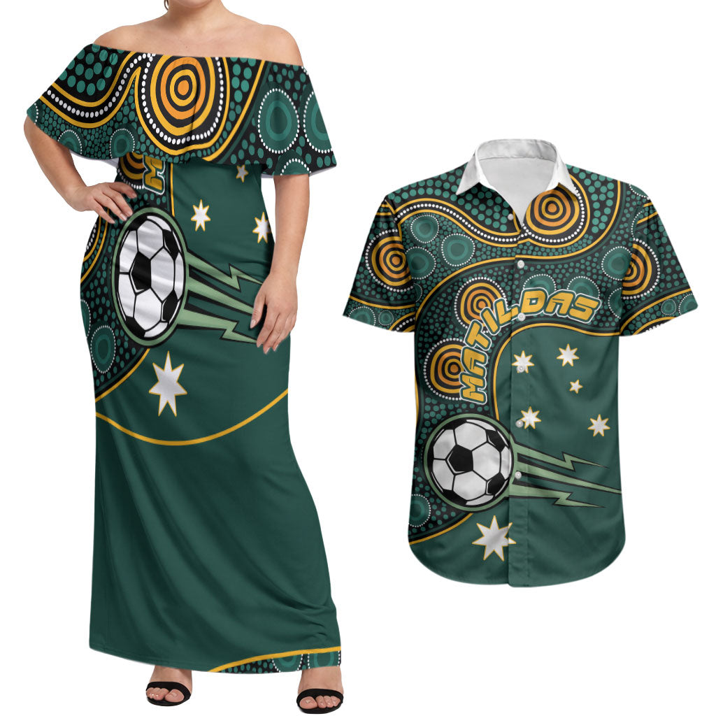 Matildas Game On Couples Matching Off Shoulder Maxi Dress and Hawaiian Shirt Indigenous Dot Art Soccer Ball With Southern Cross Stars