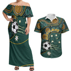 Matildas Game On Couples Matching Off Shoulder Maxi Dress and Hawaiian Shirt Indigenous Dot Art Soccer Ball With Southern Cross Stars