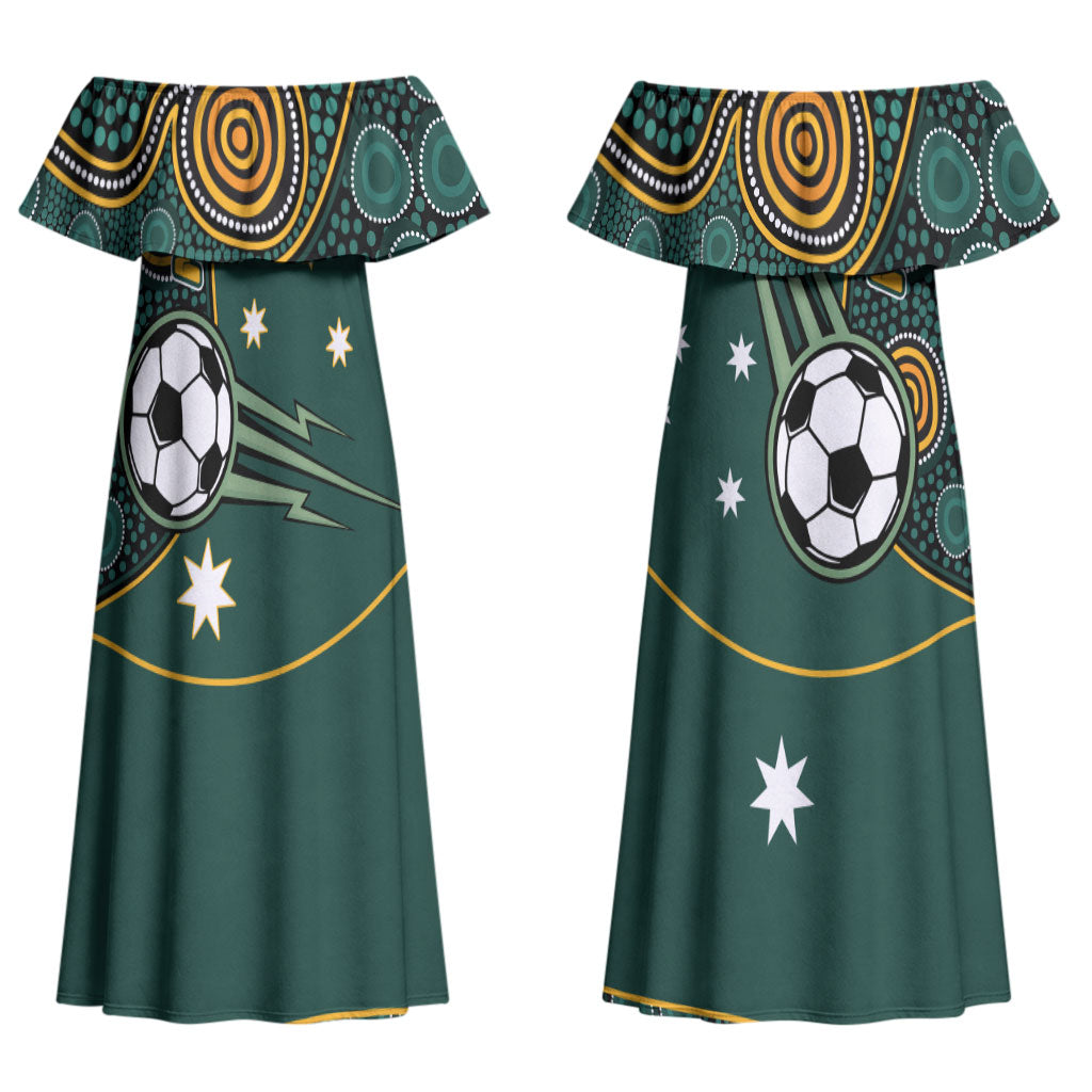 Matildas Game On Couples Matching Off Shoulder Maxi Dress and Hawaiian Shirt Indigenous Dot Art Soccer Ball With Southern Cross Stars