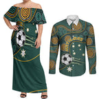 Matildas Game On Couples Matching Off Shoulder Maxi Dress and Long Sleeve Button Shirt Indigenous Dot Art Soccer Ball With Southern Cross Stars