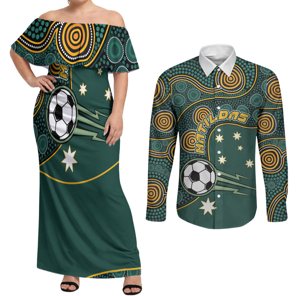 Matildas Game On Couples Matching Off Shoulder Maxi Dress and Long Sleeve Button Shirt Indigenous Dot Art Soccer Ball With Southern Cross Stars