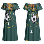 Matildas Game On Couples Matching Off Shoulder Maxi Dress and Long Sleeve Button Shirt Indigenous Dot Art Soccer Ball With Southern Cross Stars