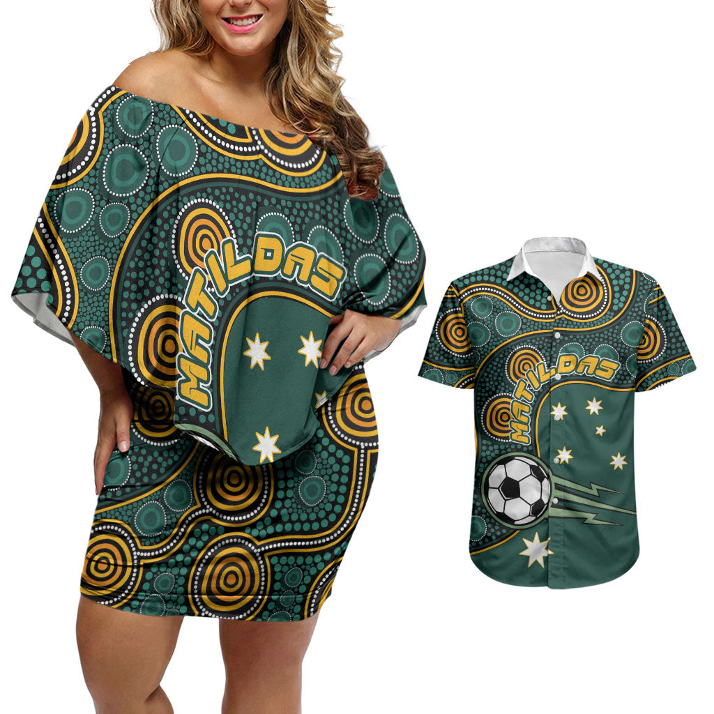 Matildas Game On Couples Matching Off Shoulder Short Dress and Hawaiian Shirt Indigenous Dot Art Soccer Ball With Southern Cross Stars