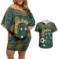 Matildas Game On Couples Matching Off Shoulder Short Dress and Hawaiian Shirt Indigenous Dot Art Soccer Ball With Southern Cross Stars